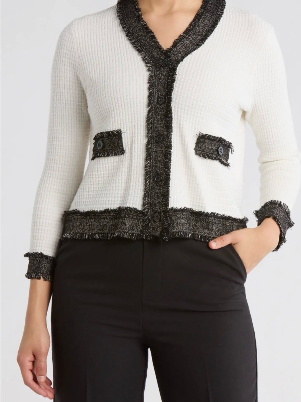 Adrianna Papell Ivory Textured Cardigan with Black Fringe Trim size M